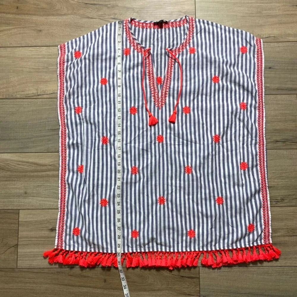 J. Crew Womens Striped Embroidered‎ Beach Tunic Size Small White Blue Coral